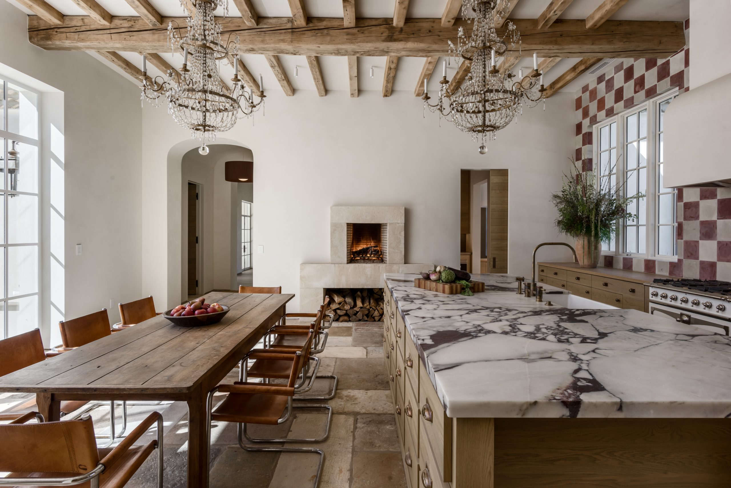 Wooden Cabinets with marble top kitchen counter with door open - Novo Designs Project